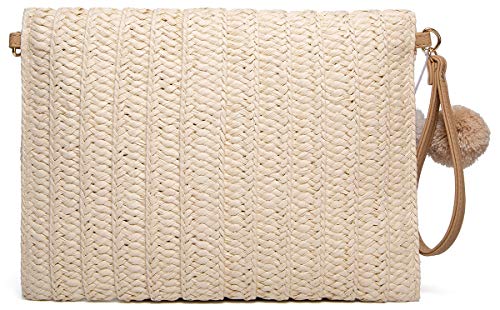 Straw Shoulder Bag Straw Clutch Women Hand-woven PomPom Straw Crossbody Bag Summer Beach Envelope Purse Wallet