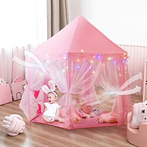 Princess Tent Girls Large Playhouse Kids Castle Play Tent with Star Lights, Bonus Princess Tiara and Wand Toy for Children Indoor & Outdoor Games, 55" x 53" Gifts Age 3+