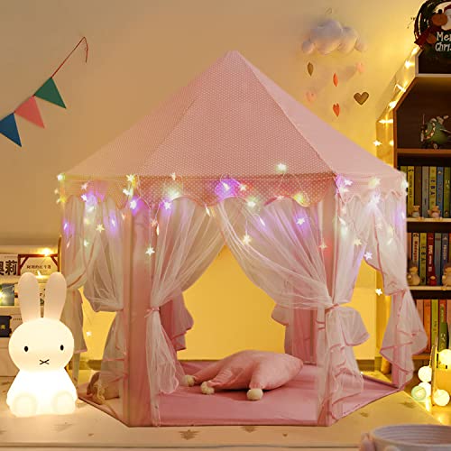 Princess Tent Girls Large Playhouse Kids Castle Play Tent with Star Lights, Bonus Princess Tiara and Wand Toy for Children Indoor & Outdoor Games, 55" x 53" Gifts Age 3+