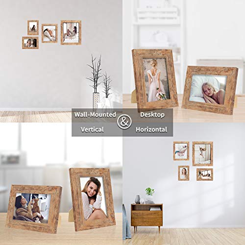 iRahmen 4 Pack 5x7 Picture Frame Rustic Brown Set with High Definition Glass 5 x 7 Photo Frames for Desktop Display and Wall Mounting.