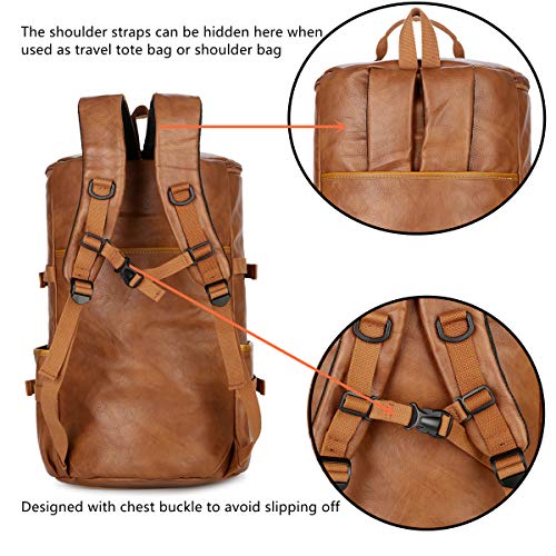 Baosha Stylish Vegan Leather Men Weekender Travel Duffel Tote Bag Backpack Travel Hiking Rucksack Overnight Bag 3-Ways Convertible HB-26 (Brown)