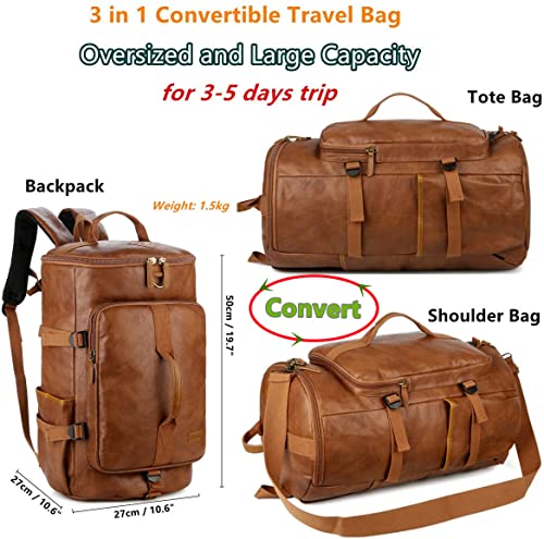 Baosha Stylish Vegan Leather Men Weekender Travel Duffel Tote Bag Backpack Travel Hiking Rucksack Overnight Bag 3-Ways Convertible HB-26 (Brown)