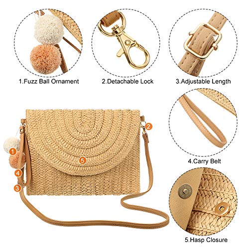 Frienda Straw Shoulder Bag Clutch Straw Crossbody Bag Beach Straw Handmade Bag Woven Rattan Bag for Women Envelope Wallet