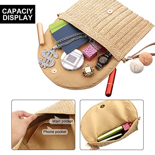 Frienda Straw Shoulder Bag Clutch Straw Crossbody Bag Beach Straw Handmade Bag Woven Rattan Bag for Women Envelope Wallet