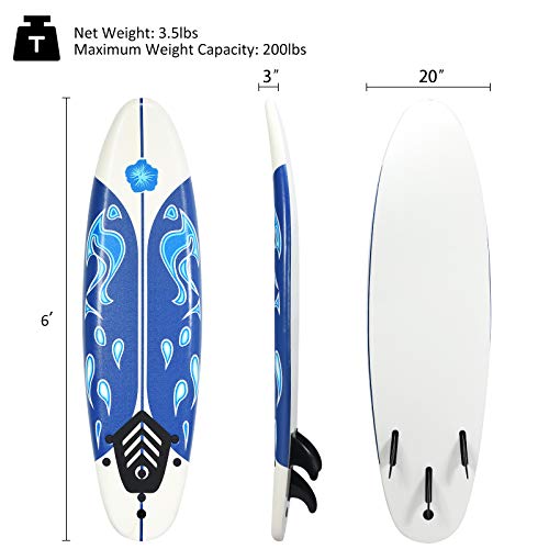 GYMAX Surfboard, 6' Body Board with Removable Fins & Protective Leash, Non-Slip Surfing Board for Surfing, Fishing Water Yoga