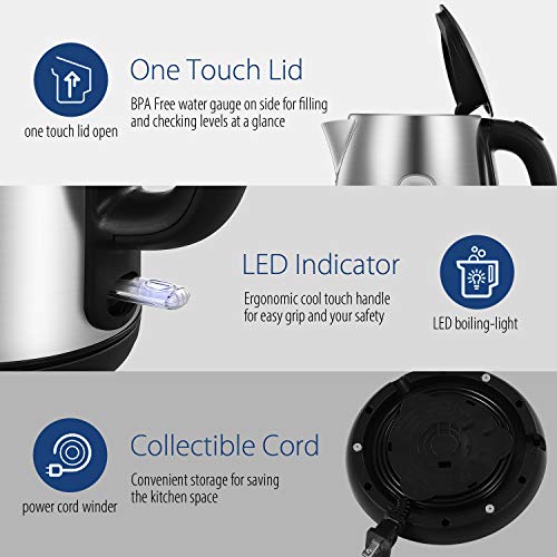 COMFEE' Stainless Steel Electric Kettle, 1.7 Liter Tea Kettle Electric & Hot Water Kettle, 1500W Fast Boil with LED Light, Auto Shut-Off and Boil-Dry Protection