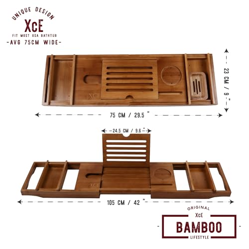 XcE Bathtub Caddy Tray Expandable to 105cm with Bamboo Book Stand and Soap Tray, Brown