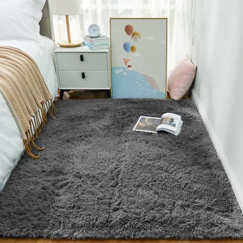 Ophanie Area Rugs for Bedroom Living Room, Grey Fluffy Fuzzy Shag Shaggy Carpet Soft Plush Furry Bedside Rug, Indoor Floor 4x6 Rug for Kids Girls Boys Home Decor Aesthetic, Dorm Nursery Gray