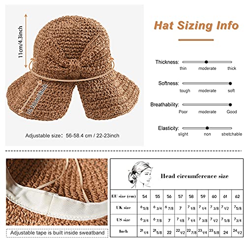 Foldable Wide Brim Floppy Straw Beach Sun Hat,Summer Cap with Bowknot for Women Girls,Strap Adjustable