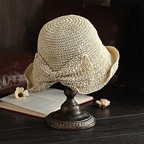 Foldable Wide Brim Floppy Straw Beach Sun Hat,Summer Cap with Bowknot for Women Girls,Strap Adjustable