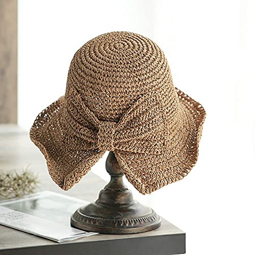 Foldable Wide Brim Floppy Straw Beach Sun Hat,Summer Cap with Bowknot for Women Girls,Strap Adjustable