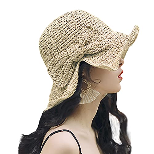 Foldable Wide Brim Floppy Straw Beach Sun Hat,Summer Cap with Bowknot for Women Girls,Strap Adjustable