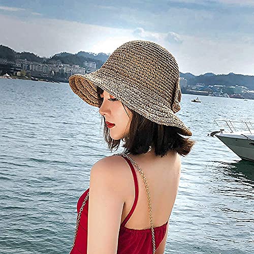 Foldable Wide Brim Floppy Straw Beach Sun Hat,Summer Cap with Bowknot for Women Girls,Strap Adjustable