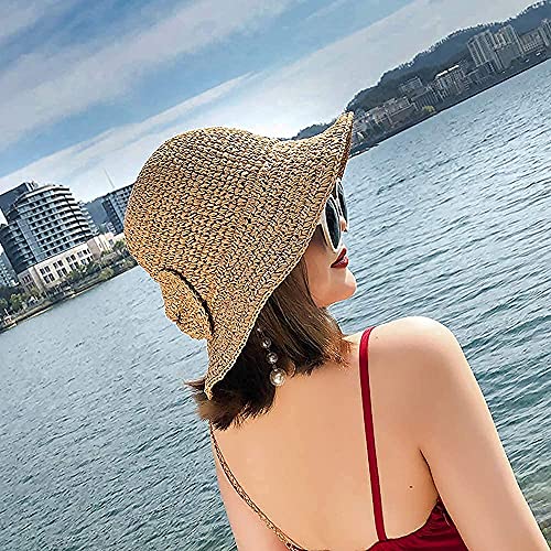 Foldable Wide Brim Floppy Straw Beach Sun Hat,Summer Cap with Bowknot for Women Girls,Strap Adjustable