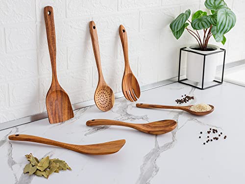 Zulay Kitchen 6-Piece Wooden Spoons for Cooking - Smooth Finish Teak Wooden Utensils for Cooking - Soft Comfort-Grip Wood Spoons for Cooking - Non-Stick Wooden Cooking Utensils - Wooden Spoon Sets