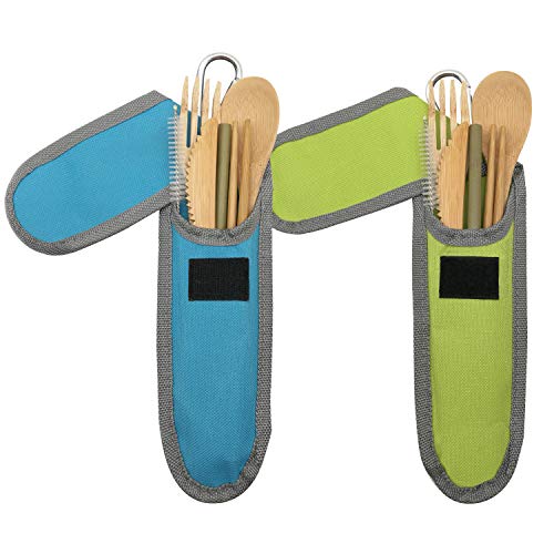 UPTRUST 2 Set Bamboo Cutlery Set Bamboo Travel Utensil Reusable Organic Bamboo Utensil Fork Knife Spoon Chopsticks Straw Cleaning Brush for Travel Picnic School Office（Skyblue& Green）