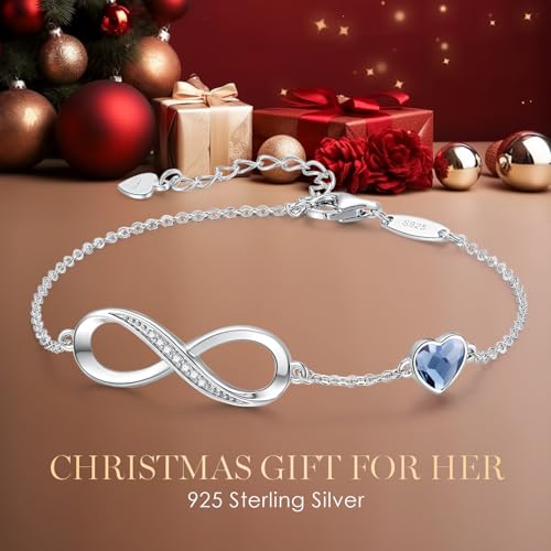 CDE Infinity Heart Symbol Charm Link Bracelet for Women 925 Sterling Silver Stainless Steel Adjustable Mother's Day Gift Anniversary Jewelry Birthday Gifts for Women Wife Girlfriend Her (Sliver-Blue, Sterling Silver)