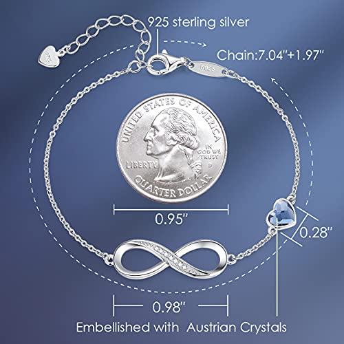 CDE Infinity Heart Symbol Charm Link Bracelet for Women 925 Sterling Silver Stainless Steel Adjustable Mother's Day Gift Anniversary Jewelry Birthday Gifts for Women Wife Girlfriend Her (Sliver-Blue, Sterling Silver)