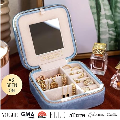 Benevolence LA Plush Velvet Jewelry Box | Travel Jewelry Case Organizer with Mirror | Featured in Oprah's Favorite Things | Best Gifts For Daughter, Girlfriend, Mom | Gifts For Her - Periwinkle Blue