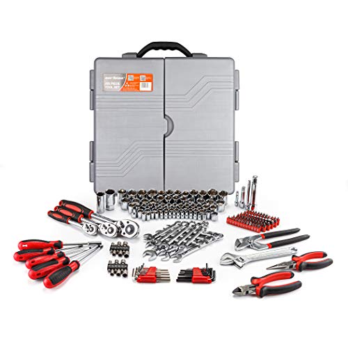 CARTMAN 205 Piece Ratchet Wrench Tool Set,1/4" & 3/8" & 1/2" Drive with SAE/Metric Sockets Kit in Plastic Toolbox