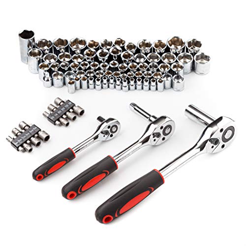 CARTMAN 205 Piece Ratchet Wrench Tool Set,1/4" & 3/8" & 1/2" Drive with SAE/Metric Sockets Kit in Plastic Toolbox