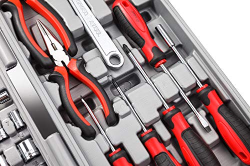 CARTMAN 205 Piece Ratchet Wrench Tool Set,1/4" & 3/8" & 1/2" Drive with SAE/Metric Sockets Kit in Plastic Toolbox