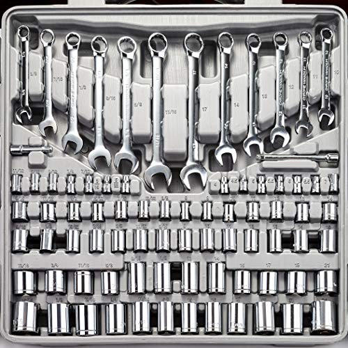 CARTMAN 205 Piece Ratchet Wrench Tool Set,1/4" & 3/8" & 1/2" Drive with SAE/Metric Sockets Kit in Plastic Toolbox