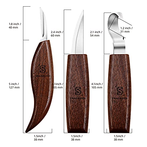 Whittling knife, Wood Carving Tools 5 in 1 Knife Set - Includes Sloyd Knife, Chip Carving knife, Hook Knife, Oblique Knife, Trimming knife Sharpener for Spoon Bowl Cup Kuksa for Kids & Beginners