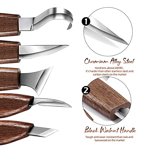 Whittling knife, Wood Carving Tools 5 in 1 Knife Set - Includes Sloyd Knife, Chip Carving knife, Hook Knife, Oblique Knife, Trimming knife Sharpener for Spoon Bowl Cup Kuksa for Kids & Beginners