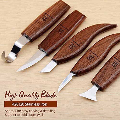 Whittling knife, Wood Carving Tools 5 in 1 Knife Set - Includes Sloyd Knife, Chip Carving knife, Hook Knife, Oblique Knife, Trimming knife Sharpener for Spoon Bowl Cup Kuksa for Kids & Beginners