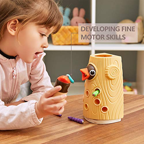 TOP BRIGHT Montessori Toys for 2 Year Old Girl and Boy, Fine Motor Skills Toddler Toys Age 2-4, Woodpecker Worm Toy Magnetic Bird Feeding Game