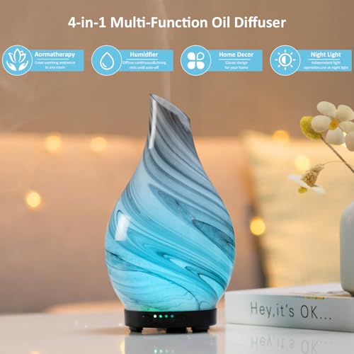 Essential Oil Diffuser 120ml Ultrasonic Aromatherapy Diffuser with Handmade Glass BPA Free Waterless Auto-Off, 4 Timer Setting 7 Colors Changed LED for Home Yoga Office