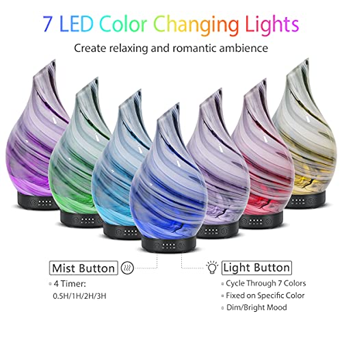 Essential Oil Diffuser 120ml Ultrasonic Aromatherapy Diffuser with Handmade Glass BPA Free Waterless Auto-Off, 4 Timer Setting 7 Colors Changed LED for Home Yoga Office