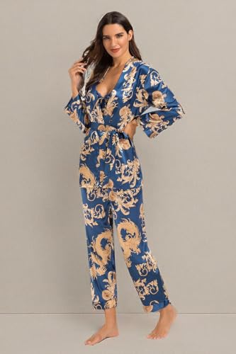 Escalier Women's Silk Satin Pajamas Set 3 Pcs Floral Silky Pj Sets Sleepwear Cami Nightwear with Robe and Pants Navy XL