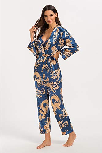 Escalier Women's Silk Satin Pajamas Set 3 Pcs Floral Silky Pj Sets Sleepwear Cami Nightwear with Robe and Pants Navy XL