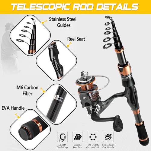 PLUSINNO Fishing Rod and Reel Combos, Bronze Warrior Toray 24-Ton Carbon Matrix Telescopic Fishing Rod Pole, 12 +1 Shielded Bearings Stainless Steel BB Spinning Reel, Travel Freshwater Fishing Gear