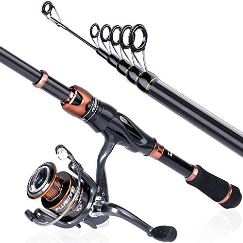 PLUSINNO Fishing Rod and Reel Combos, Bronze Warrior Toray 24-Ton Carbon Matrix Telescopic Fishing Rod Pole, 12 +1 Shielded Bearings Stainless Steel BB Spinning Reel, Travel Freshwater Fishing Gear