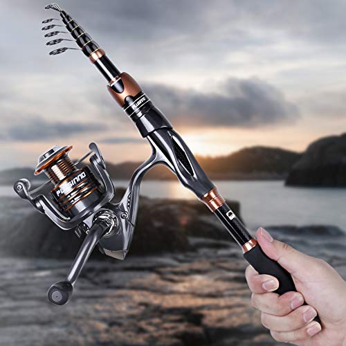 PLUSINNO Fishing Rod and Reel Combos, Bronze Warrior Toray 24-Ton Carbon Matrix Telescopic Fishing Rod Pole, 12 +1 Shielded Bearings Stainless Steel BB Spinning Reel, Travel Freshwater Fishing Gear