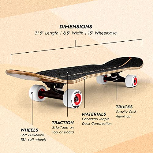 Magneto SUV Skateboards | Fully Assembled Complete 31" x 8.5" Standard Size | 7 Layer Canadian Maple Deck | Designed for All Types of Riding Kids Adults Teens Boys Girls | Free Skate Tool - Natural