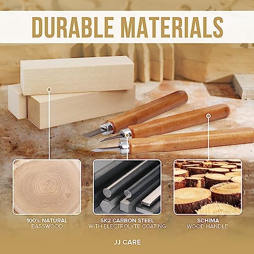 JJ CARE Wood Carving Kit [12 SK2 Wood Carving Knives with Case, 10 Basswood Carving Blocks, and 1 Grinding Stone] - Beginner Wood Carving Kit, Wood Carving Tools Set, Wood Carving Set for Kids