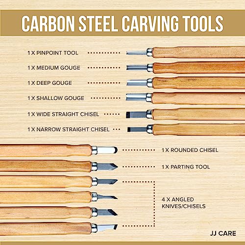 JJ CARE Wood Carving Kit [12 SK2 Wood Carving Knives with Case, 10 Basswood Carving Blocks, and 1 Grinding Stone] - Beginner Wood Carving Kit, Wood Carving Tools Set, Wood Carving Set for Kids