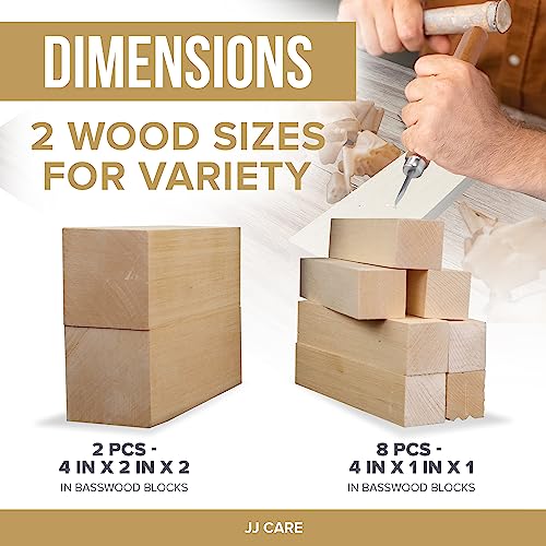 JJ CARE Wood Carving Kit [12 SK2 Wood Carving Knives with Case, 10 Basswood Carving Blocks, and 1 Grinding Stone] - Beginner Wood Carving Kit, Wood Carving Tools Set, Wood Carving Set for Kids