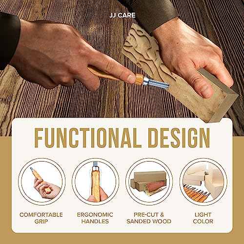 JJ CARE Wood Carving Kit [12 SK2 Wood Carving Knives with Case, 10 Basswood Carving Blocks, and 1 Grinding Stone] - Beginner Wood Carving Kit, Wood Carving Tools Set, Wood Carving Set for Kids