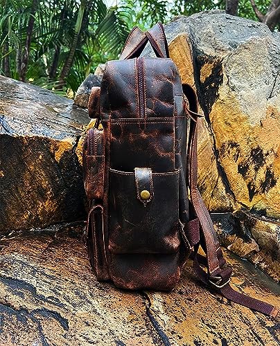 Buffalo Leather Backpack Multi Pockets Daypack Travel Laptop Bag for Men Women