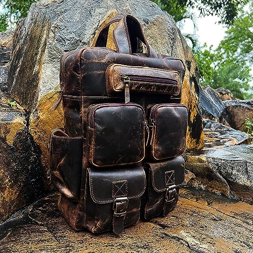 Buffalo Leather Backpack Multi Pockets Daypack Travel Laptop Bag for Men Women