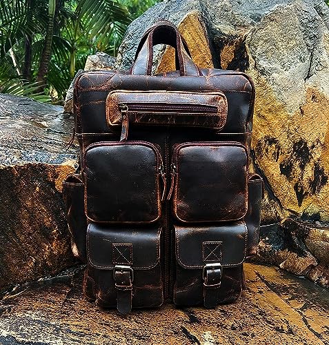 Buffalo Leather Backpack Multi Pockets Daypack Travel Laptop Bag for Men Women