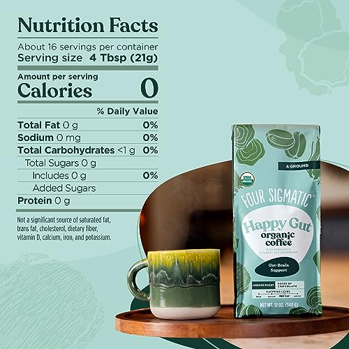 Four Sigmatic Happy Gut Organic Ground Coffee | Medium Roast Fair Trade Gourmet Coffee with Chaga & Turkey Tail | Immune Boosting, Probiotic Mushroom Coffee for Gut Health & Immune Support | 12oz Bag