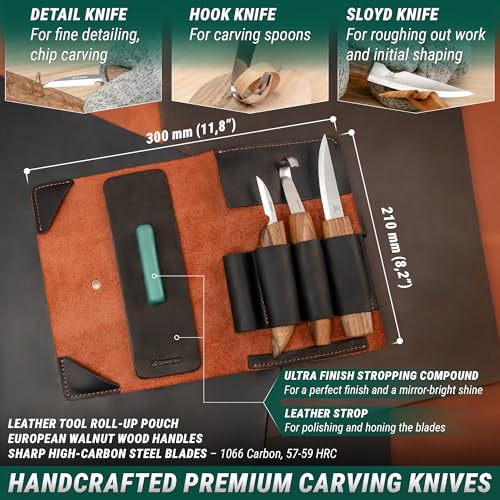 BeaverCraft Spoon Carving Kit Whittling Knives Spoon Carving Knife Sloyd, Chip Small Detail Knife, Hook Knife - Spoon Carving Tools Wood Carving Kit & Leather Strop Whittling Knife Set Deluxe S13X