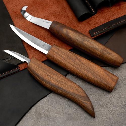 BeaverCraft Spoon Carving Kit Whittling Knives Spoon Carving Knife Sloyd, Chip Small Detail Knife, Hook Knife - Spoon Carving Tools Wood Carving Kit & Leather Strop Whittling Knife Set Deluxe S13X