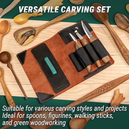 BeaverCraft Spoon Carving Kit Whittling Knives Spoon Carving Knife Sloyd, Chip Small Detail Knife, Hook Knife - Spoon Carving Tools Wood Carving Kit & Leather Strop Whittling Knife Set Deluxe S13X